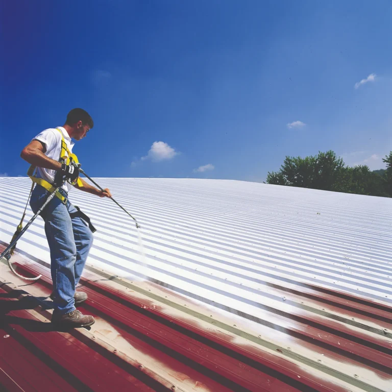 Roofer spray applying white restoration coating to a red metal roof